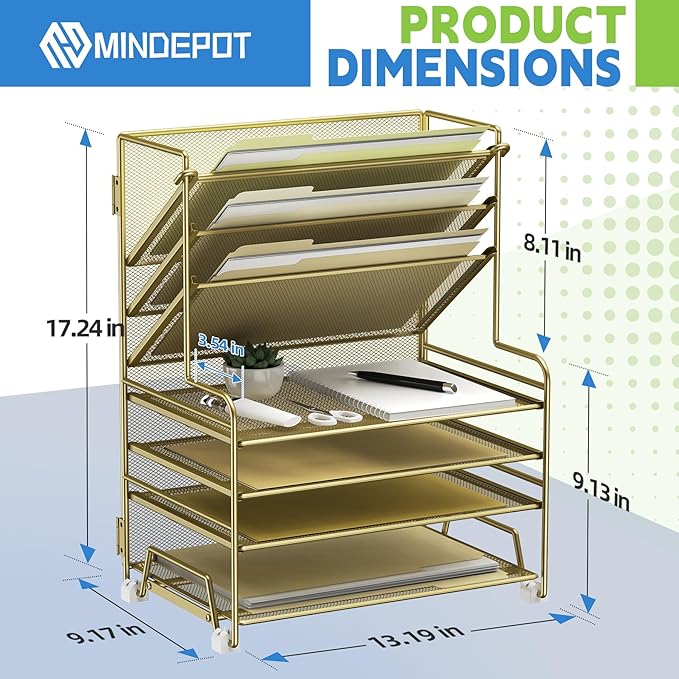 4-Tier Paper Organizer + 3-Pocket File Holder + Drawer + Pen Holders, Desktop File Organizers Paper Tray for Office Supplies School Classroom Organization (Gold, no Drawer & Pen Holder)