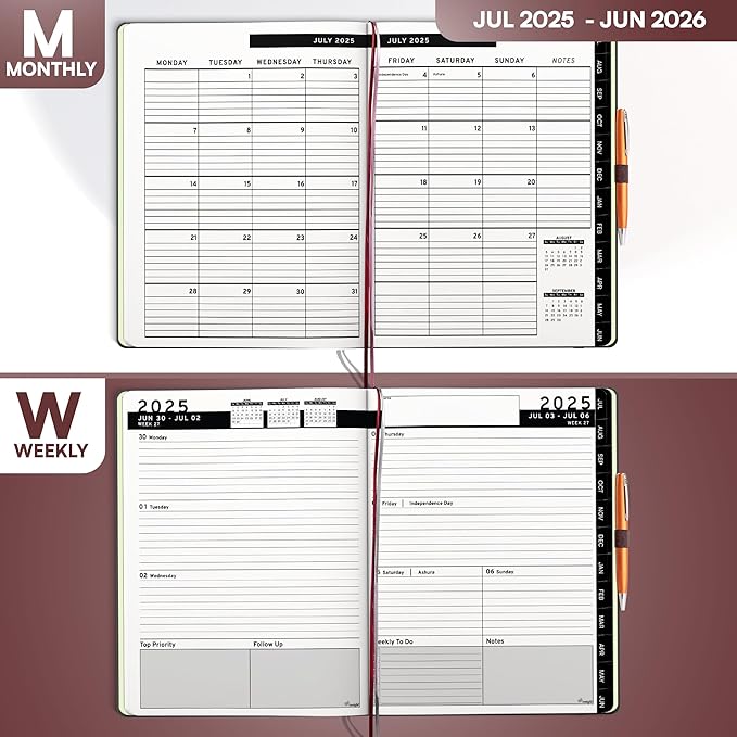 Ensight 2025-2026 HARDCOVER Leather Planner Weekly & Monthly - 8.5x11 Inches - Academic Planner Business Personal or Student - Pen Holder, Thick Paper, July 2025 - June 2026 (Red)