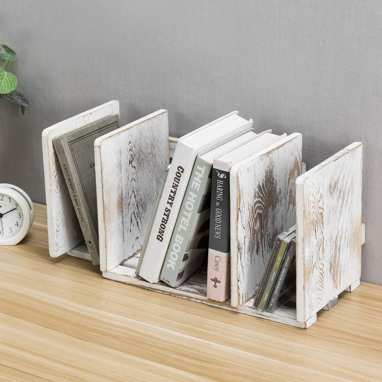 MyGift Rustic Expandable Whitewashed Wood Desktop Bookshelf/Adjustable Tabletop Book Holder Organizer Rack