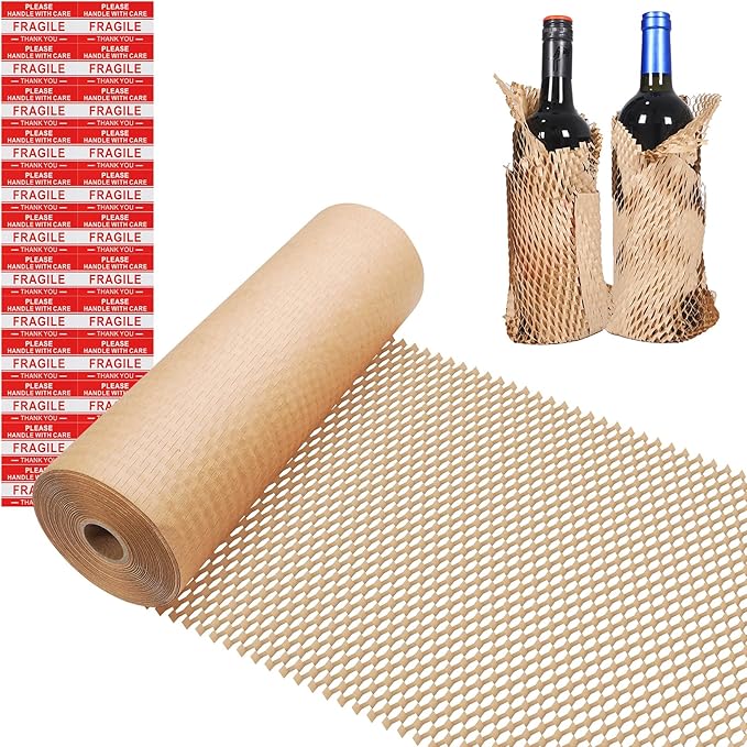 Honeycomb Packing Paper Wrap 12"x100' Sustainable Alternative to Bubble Wrap for Moving Shipping/Gift, Biodegradable & Fully Recyclable Bubble Paper Wrapping with 20 Fragile Sticker……