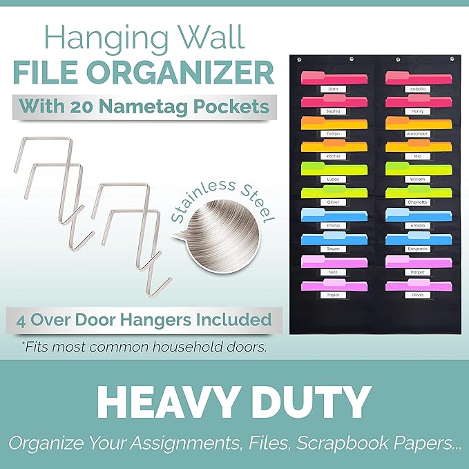 Hippo Creation Heavy Duty Storage Pocket Chart for Classroom, 20 Pocket Storage Organizer with 4 Over-Door Hangers, Hanging Wall Organizer for File Folders, School Mailbox, Home Office Papers - Black