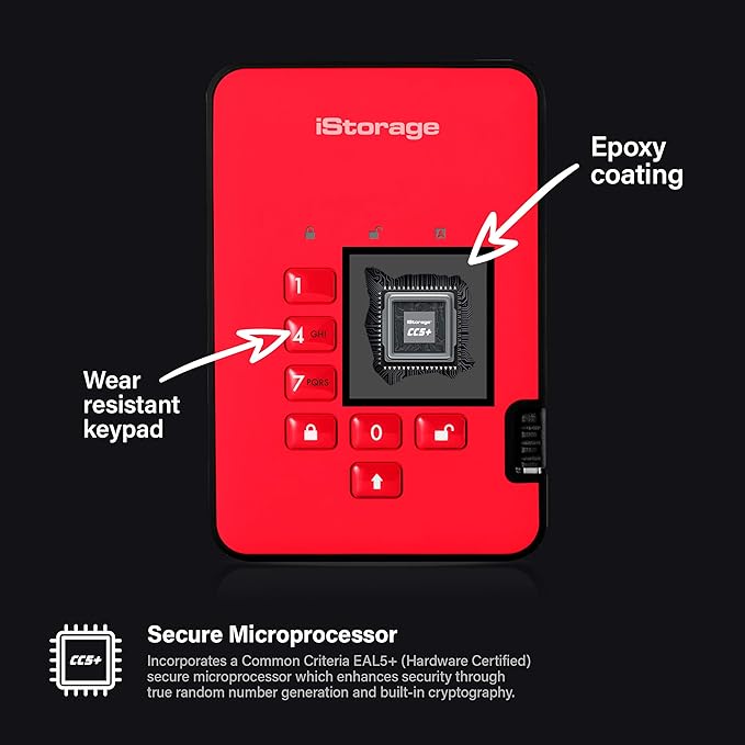 iStorage diskAshur2 HDD 500GB Red | Secure portable hard drive | Password protected | Dust & water resistant | Hardware Encryption
