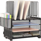 Desk Organizers and Accessories, 3-Tier Paper Organizer with 5 Vertical File Holders, File Organizer for Desk (Black With Drawer, 3T With Drawer)