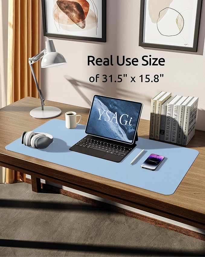 YSAGi Leather Desk Protector, Office Mat, Large Mouse Mat, Non-Slip PU Leather Blotter, Laptop Desk Pad, Waterproof Writing Pad for Office and Home (Baby Blue, 31.5" x 15.8")