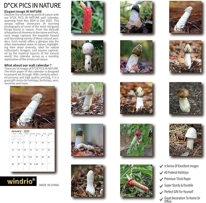 2025 Wall Calendar Funny Natures Dongs, January 2025 - December 2025, Funny Gag Gift for Adults, White Elephant Gift, 12 Months Organizer with D'ck Pics Nature Photos, 12" x 24" Opened
