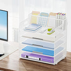 Marbrasse 5 Tier Paper Organizer with 3 Pen Holders, Mesh Desk File Organizer with Handle, Paper Sorter Desk Organizer for Home Office Supplies(White)