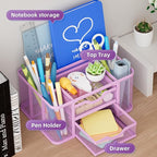 Marbrasse Mesh Desk Organizer, Pen Holder with 2 Drawer, Multi-Functional Pencil Holder, Desk Organizers and Accessories with 5 Compartments + Drawer for Office Art Supplies (Purple)