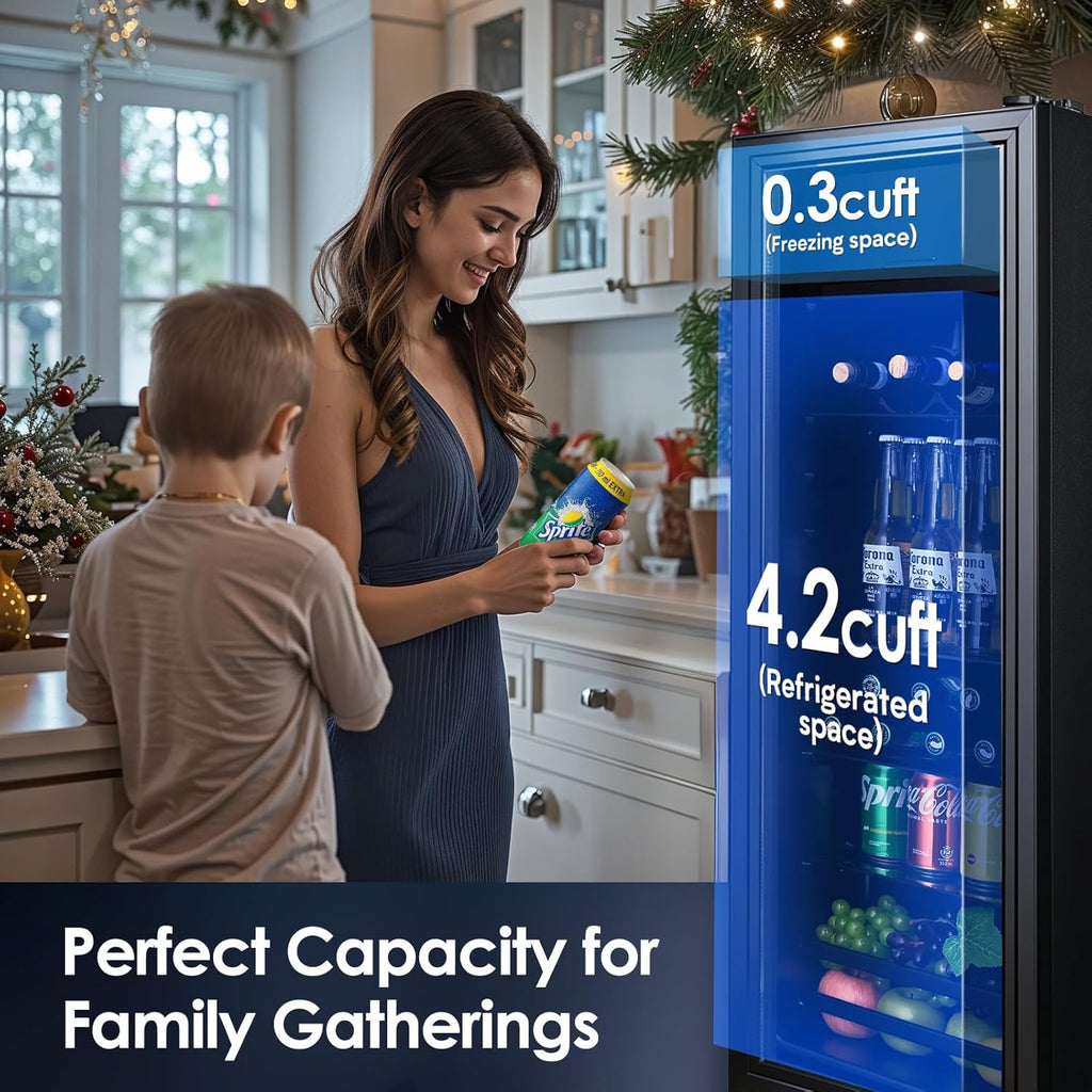 Beverage Refrigerator Cooler 4.5 Cu.Ft, Mini Fridge with Freeze with Glass Door for Soda Beer or Wine, Small Drink Dispenser Machine for Home Office Bar, 7 Temperatures, Adjustable Shelves