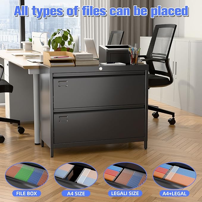 Metal 2 Drawer Lateral File Cabinet with Lock & Adjustable Feet - Wide Filing Cabinet for Letter/Legal/F4/A4 Hanging Files - Includes Business Card Holder,Home Office School Storage,Black