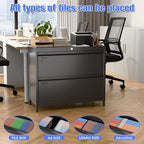Metal 2 Drawer Lateral File Cabinet with Lock & Adjustable Feet - Wide Filing Cabinet for Letter/Legal/F4/A4 Hanging Files - Includes Business Card Holder,Home Office School Storage,Black