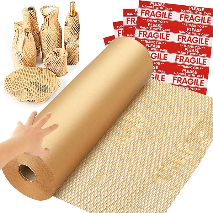 Honeycomb Packing Paper Wrap 15''x600', Substitute Alternative for Bubble Cushioning Wrap for Moving Shipping Packaging, Recyclable Moving Supplies with 48 Fragile Sticker Labels