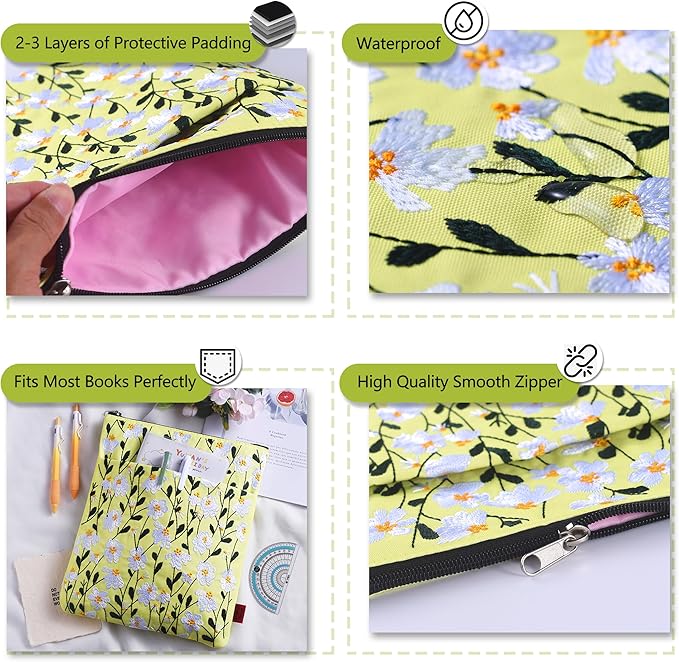 LParkin Daisy Flower Embroidery Book Sleeve with Zipper for Readers Protector Cover Gift for Book Lovers, 11x 8.5 Inch Washable Fabric, Daisy White(White)