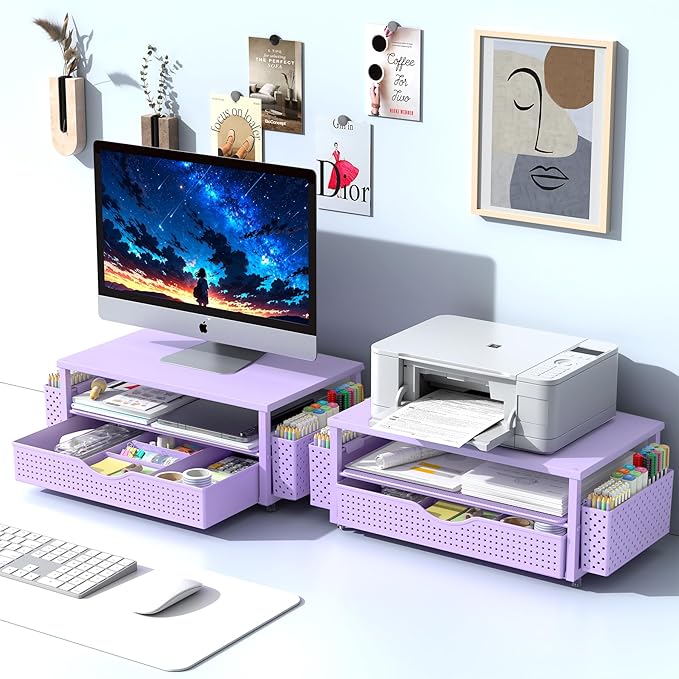 Desk Organizer and Accessories, Computer Monitor Stand Riser with Drawer and 2 Pen Holders, Office Desk Accessories & Workspace Organizers for Office Supplies (Purple)