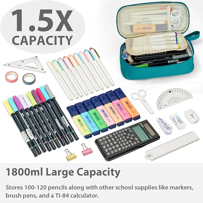 Pencil Case Pouch Box Bag School Supplies Girls Boys Kids, Cute Preppy Stuff Large Big Capacity Aesthetic Pen Organizer, Back to College Stationary, Teal, Standard Stlye, 1800ml