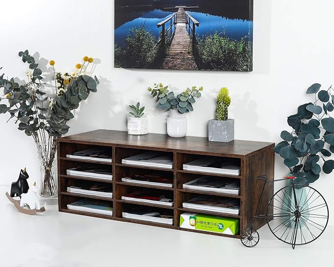 PAG Mail Sorter Organizer, Wood Countertop Literature Organizer, Student Mailbox for Classroom, Desktop Bill Paper Organizer for Office Home School, 12 Compartments, Antique Brown