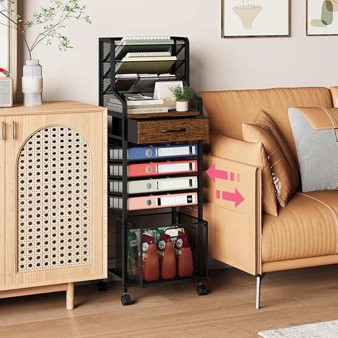 SWTYMIKI 10-Tier Rolling File Cart - Mesh Paper Organizer with Drawer and Hanging File Folders on Lockable Wheels, Wood Teacher Cart for Office Organization, Storage in Home, Studio, School, Espresso