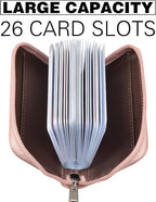 Easyoulife Genuine Leather Credit Card Holder Zipper Wallet With 26 Card Slots