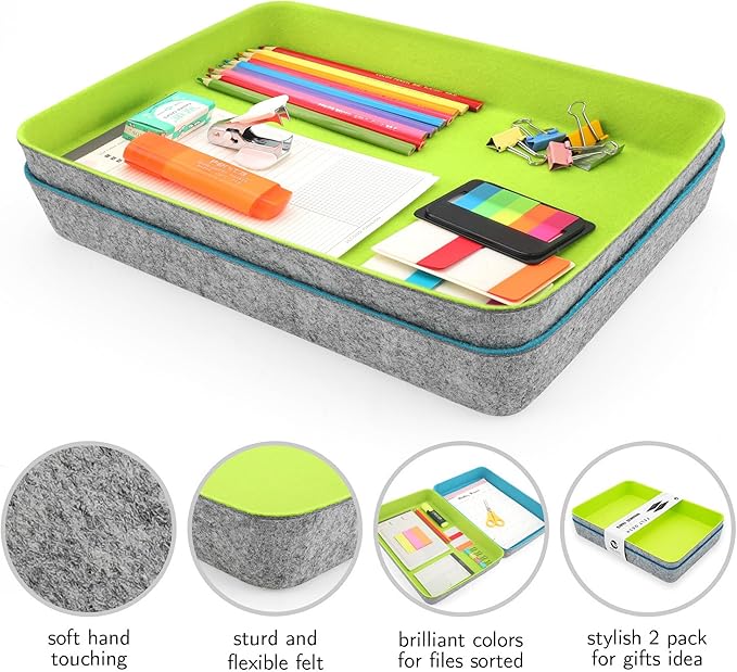 Welaxy 2-Piece Office Desk Drawer Organizer Tray Letter-Size documents A4 Paper Book File Folder Holder Storage Bins (Green + Turquoise)