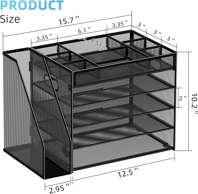 Marbrasse 5-Tier Desk Organizer with File Holder,Paper Letter Tray Organizer,Desktop File Organizer with Adjustable Compartments,Mesh Desk Organizers and Accessories for Office Supplies,Black