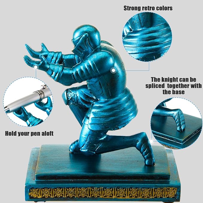Spakon Knight Pen Holder with 2 Pens Resin Desk Organizers and Accessories Funny Executive Pen Stand Fancy Cool Office Gadgets Cool Desk Decorations for Men Home Supplies(Classic,Blue)