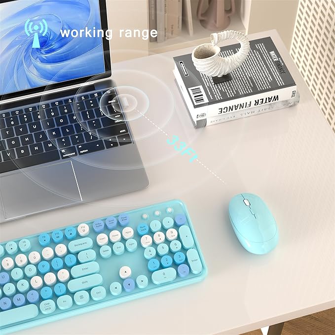 Colorful Wireless Computer Keyboard and Mouse Combo with Round Typewriter Keycaps, Retro Design, Power Switch, Ergonomic Design, 2.4GHz Wireless for Windows, Mac, PC (Blue-Colorful)