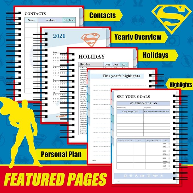 Superhero Academic Planner, Weekly Monthly Daily Agenda, Custom Date Organizer for Time Management, Spiral Bound Notebook with Colorful Tabs,Datebooks for Middle or High School Student (Blue Red)