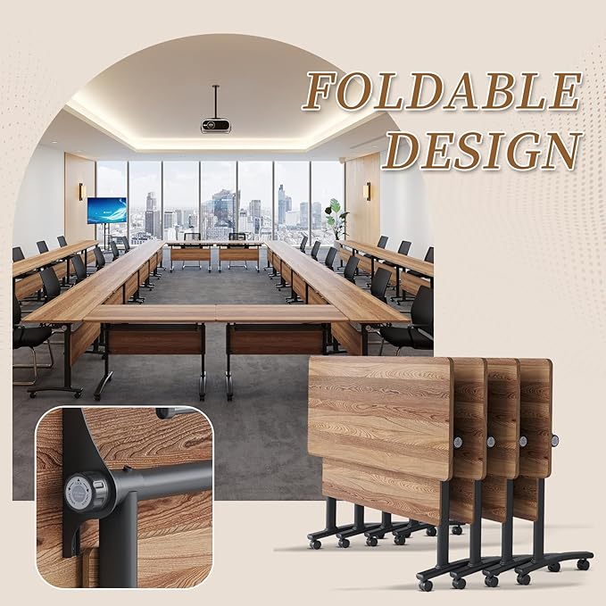 Folding Conference Room Table, Modern Conference Tables with Silent Wheels, Large Rectangular Mobile Training Tables for Office Classroom, Foldable Modular Boardroom Seminar Table (2pack L47.2in)