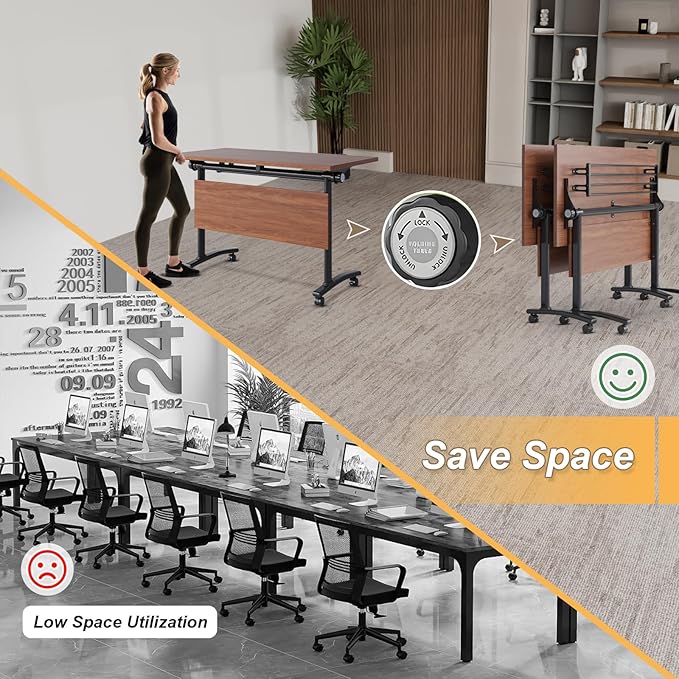 Conference Room Table with Silent Wheels, Mobile Folding Conference Table for 16 Person,Flip Top Office Training Tables with Walnuts Wood Tabletop, for School,Business Meeting Rooms (2 Pack 63in)