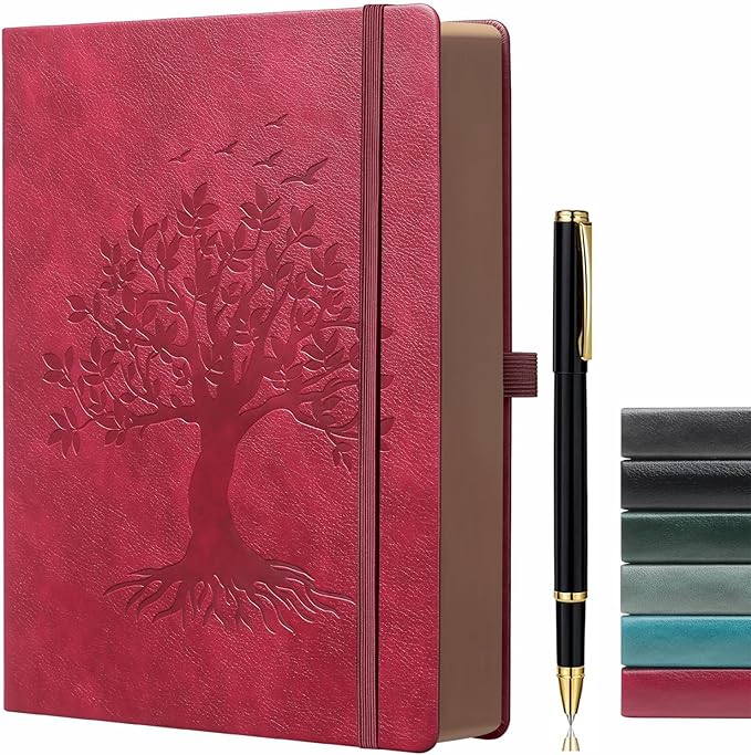 ZXHQ A5 360 Pages Lined Journaling Notebooks with Pen, Journals for Women Men Writing Notebook, Tree of Life Design, Brown Edge Fine Inner Pocket - Wine Red