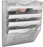 EASEPRES 5 Pocket Mesh Hanging Wall File Organizer, Wall Mounted Mail Paper Document Folder Holder, Clipboard Storage Organization Magazine Rack with Nametag Label for Office Home School, Silver
