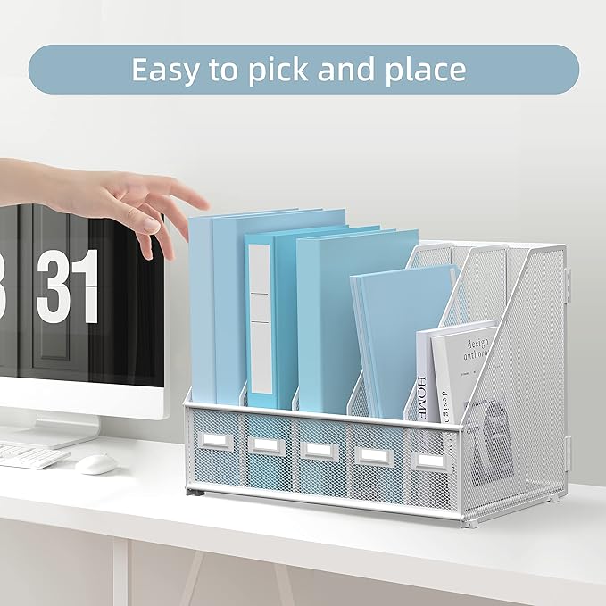 SUPEASY Desk Organizers Metal Desk Magazine File Holder with 5 Vertical Compartments Rack File Organizer for Office Desktop, Home Workspace, White