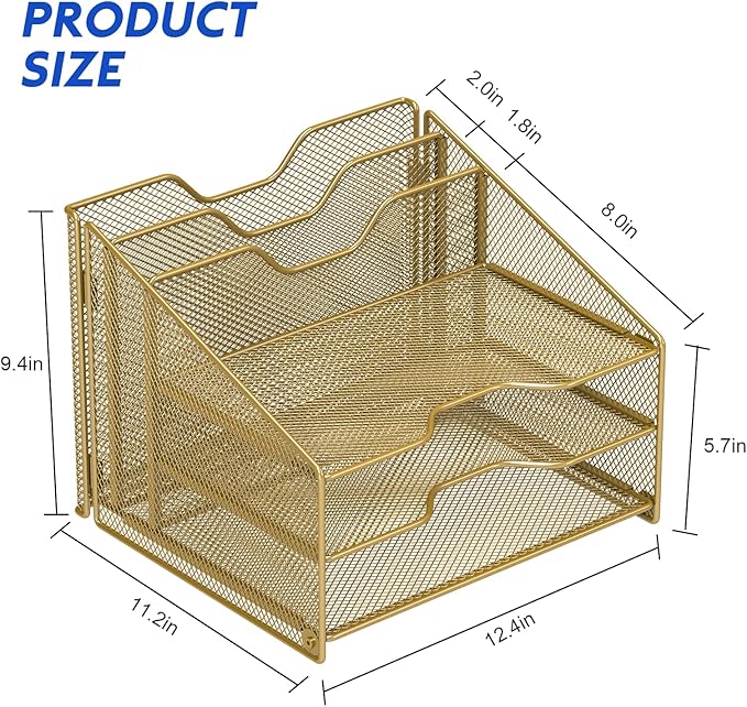 Samstar Gold Desk File Organizer, Mesh Letter File Folder Holder with 3 Paper Trays and 2 Vertical Upright Section, Gold