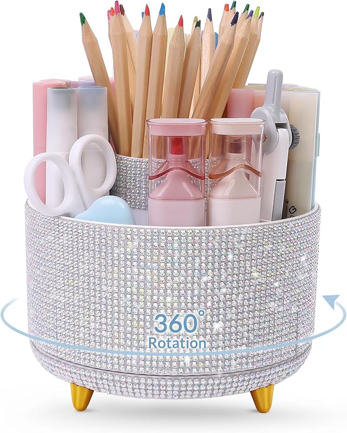 SKYDUE 360 Degree Rotating Desk Organizer, Shining Dual-Purpose Rhinestone Pencil Pen Holder, Rotating Desk Pen Organizer with 5 Slots, Rhinestone Pencil Cup for Office, School, Home