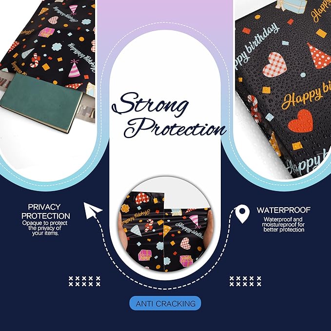 Happy Birthday Poly Mailer 12x15.5 Inch 50 Pcs, Waterproof Shipping Bags for Clothing, Tear-Resistant Mailier Bags, Strong Mailing Bags with Self-Seal