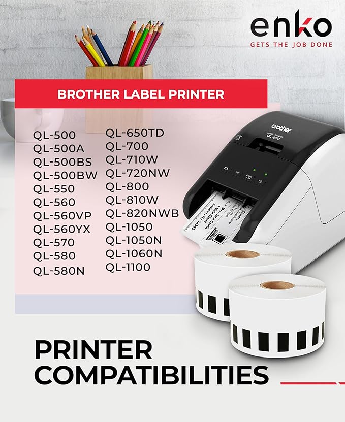 enKo - Compatible DK-2205 Continuous Paper Labels (2.4 Inch x 100 Feet) Compatible for Brother QL Label Printers - 48 Rolls with 16 Refillable Cartridge Frames