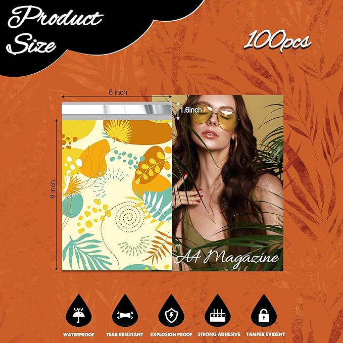 Colorful Leaves Poly Mailer 6x9 Inch 100 Pcs, Waterproof Shipping Bags for Clothing, Tear-Resistant Mailier Bags, Strong Mailing Bags with Self-Seal