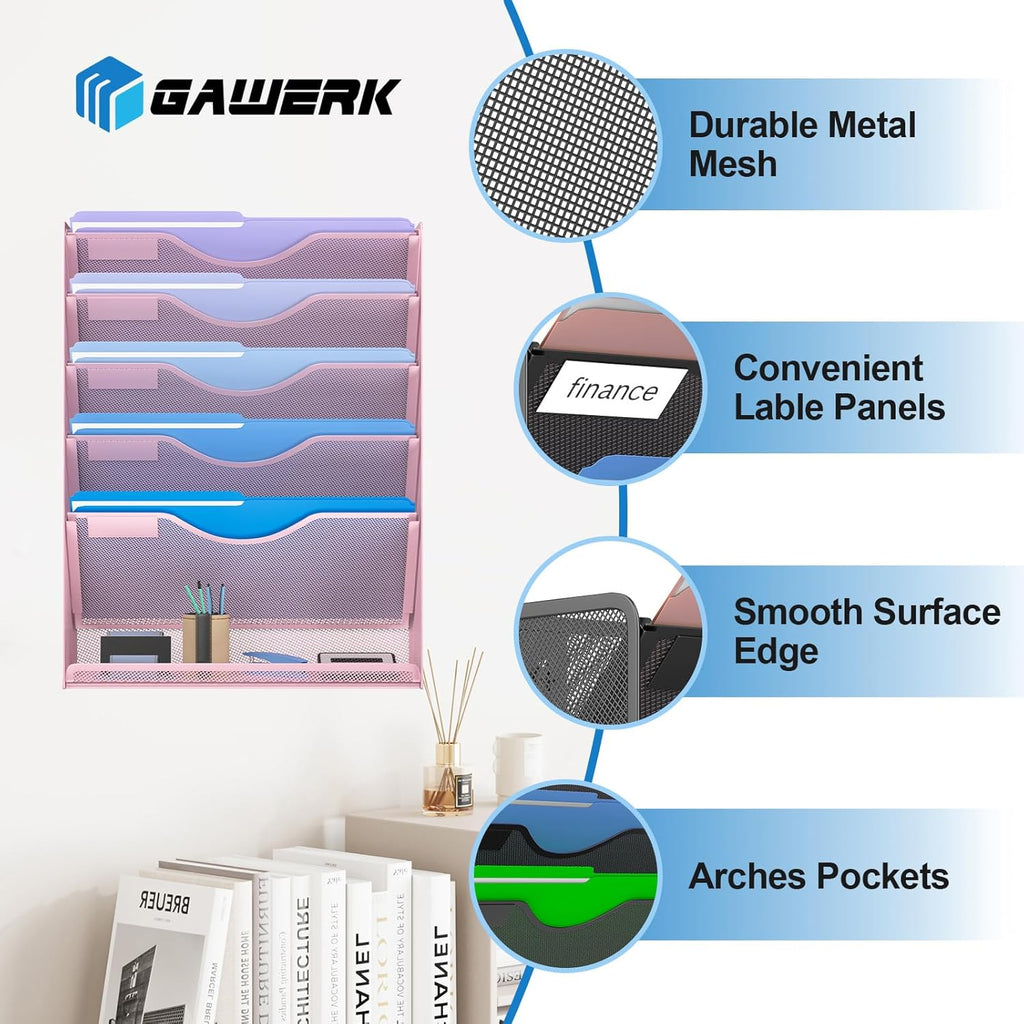 6 Tier Hanging File Organizer, Mesh Wall File Holder Paper Folder Rack with Bottom Flat Tray for Office Home, Pink