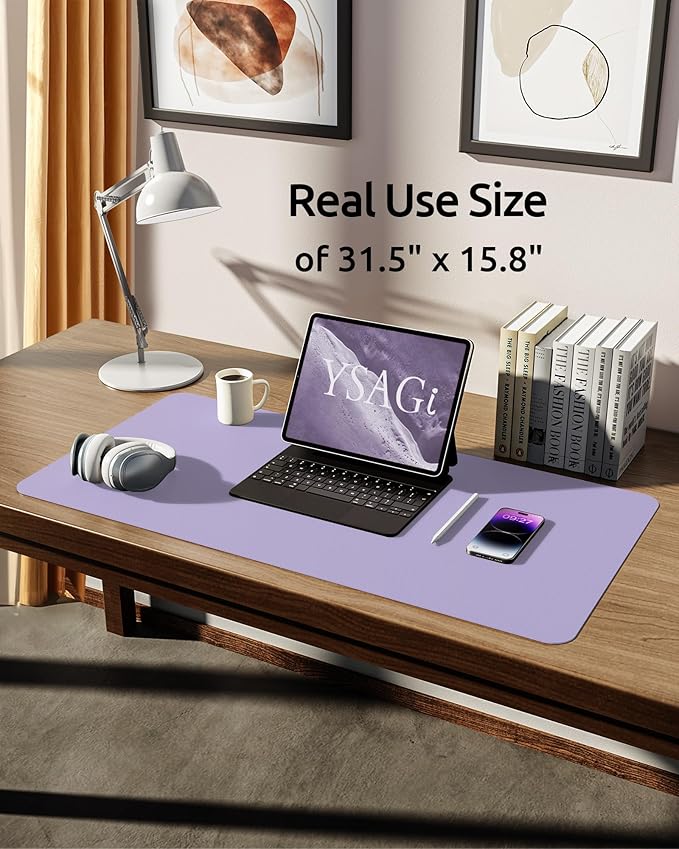 YSAGi Leather Desk Protector, Office Mat, Large Mouse Mat, Non-Slip PU Leather Blotter, Laptop Desk Pad, Waterproof Writing Pad for Office and Home (Light Purple, 31.5" x 15.8")