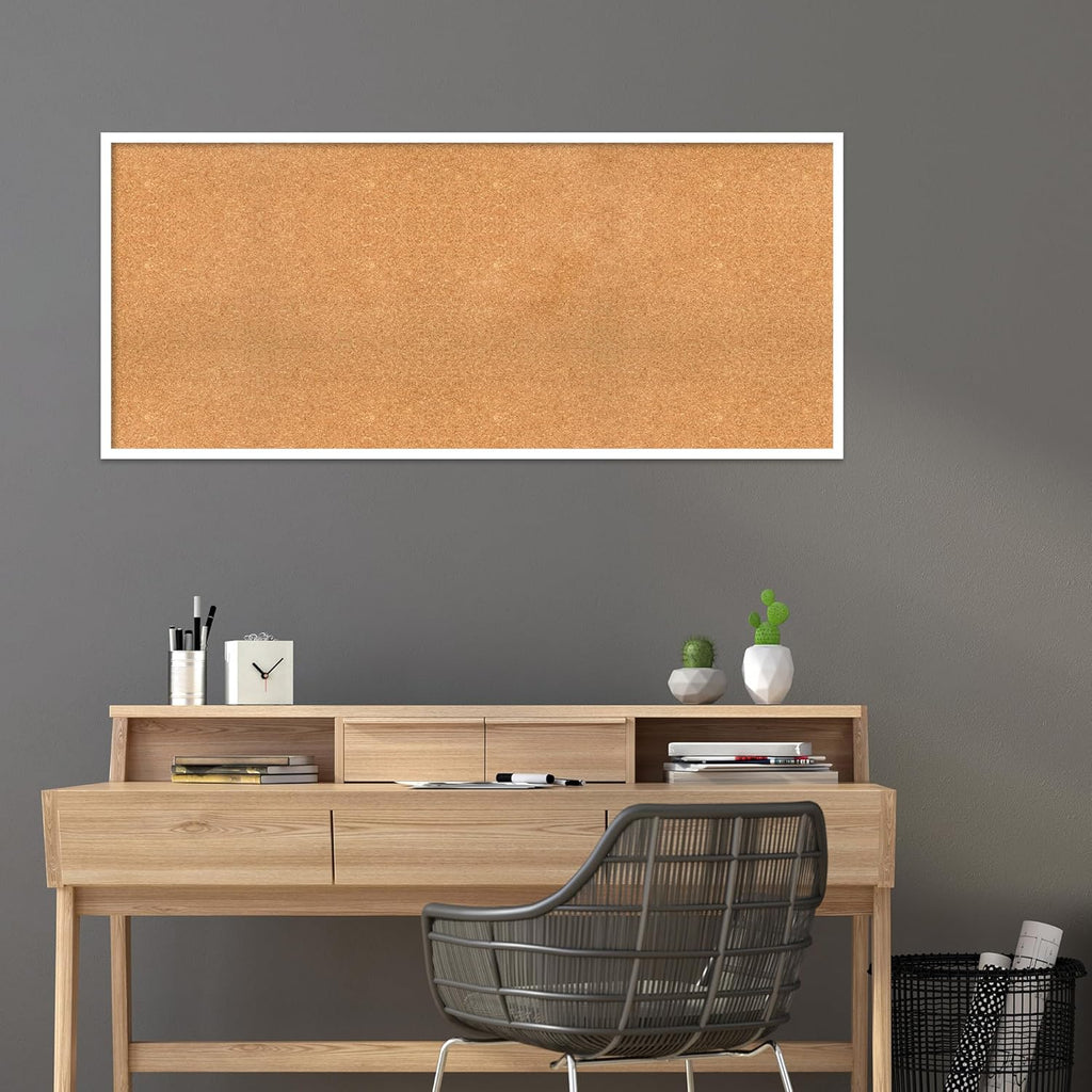 Amanti Art Natural Cork Board for Wall, 25x57 Vision Board with White Frame, Oversize Corkboard Office Decor for Home Organization, Modern Corkboard Pinboard to Display Items for Home Organization in