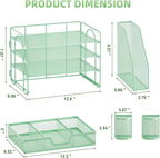 Marbrasse Desk Organizer and Accessories，4-Tier Paper Letter Tray Organizer with File Holder, Desk Accessories & Workspace Organizers with Drawer and 2 Pen Holder (Green, 15.4" x 9.1" x 8.3")