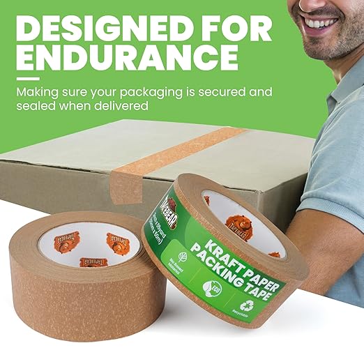 Eco-Friendly Kraft Paper Tape, Biodegradable Heavy Duty Packing Tape 2Inch x 55Yard, Recyclable Packaging Tape Self Adhesive Box Tape for Shipping, Sealing, Moving & Masking, 48Rolls