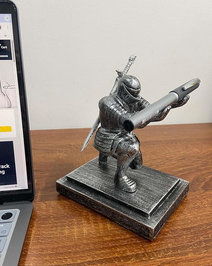 Magnetic Knight Pen Holder Knight Statue Pen Holder for Desk Organizers Resin Pencil Holder as Gift with Sword Letter Opener for Office Home Desk