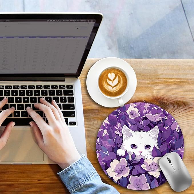 White Cat Purple Floral Mouse Pad, Small Round Mouse Pads for Desk, Kawaii Cute Mini Travel Mousepad for Wireless Computer Laptop, Office Desk Accessories, 8.6 x 8.6 inch