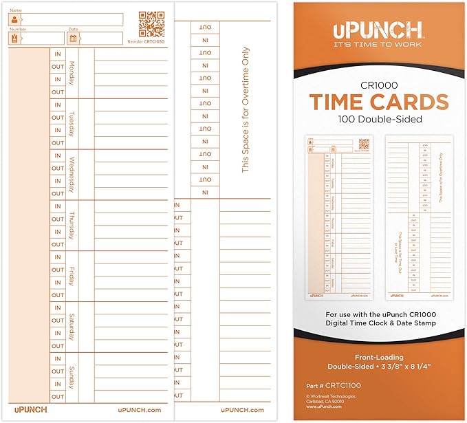 uPunch 100 Time Cards for CR1000 Digital Time Clock and Date Stamp