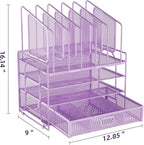 Marbrasse Desk Organizers, 4-Tier Mesh Desk File Organizer with 5 Vertical File Holders and 2 Pen Holders, Multifunction Desktop Organizer,Desk Organizers and Accessories for Home Office (Purple)