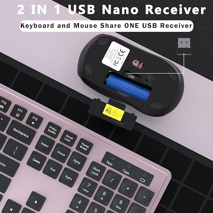 Wireless Keyboard and Mouse Combo, COVEVA 2.4GHz Wireless Keyboard Mouse with USB Receiver, Water-Dropping Keycaps, 104 Keys Full Size with Number Pad for PC Laptop Computer Desktop(Black Pink)
