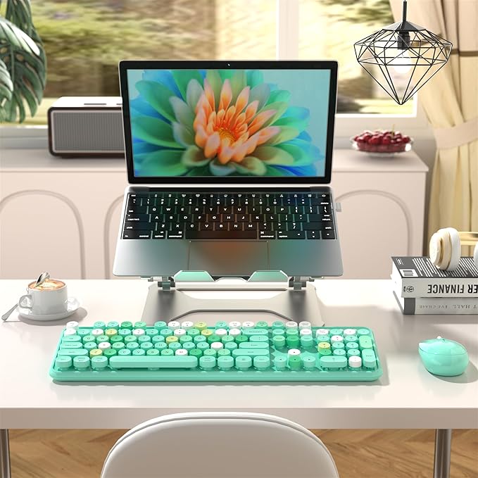 Colorful Wireless Computer Keyboard and Mouse Combo with Round Typewriter Keycaps, Retro Design, Power Switch, Ergonomic Design, 2.4GHz Wireless for Windows, Mac, PC(Green-Colorful)