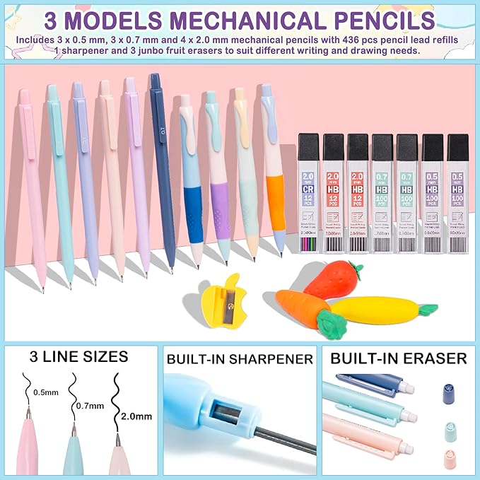 78PCS Mechanical Pencil Set 0.5, 0.7mm, 2.0mm Aesthetic School Supplies With Cute Pencil Case Pouch, 436PCS Lead Refills, 16 Gel Pens, 12 NO Bleed Highlighters