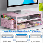 gianotter Desk Organizers and Accessories, Monitor Stand with Drawer and 2 Pen Holder, Desktop Organizer Suitable for Offices and Dormitories (Pink)