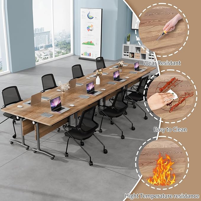 Folding Conference Table, Modern Conference Room Tables with Flip-Top Design, Foldable Conference Table Meeting Table with Wheels, Mobile Seminar Training Tables for Office Classroom (8, Walnut 2)